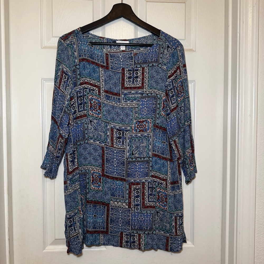 J. Jill Women’s Petite Large Blue and Brown Patchwork Tunic Top